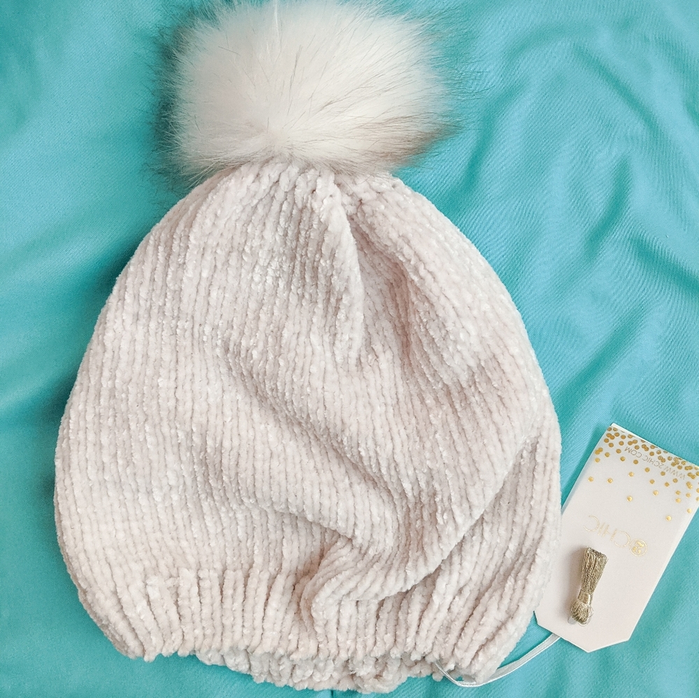 NWT 2 Chic Cream Beanie with Poof